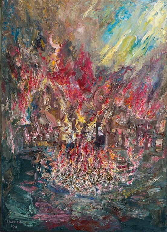 Man sieht ein Ölgemälde vom Künstler tituliert mit: "Mein Verständniss des Holocaust. Es zeigt einen verlauf von dunkel zu hell die farben sind grün und blau töne die von einem Rot/Gelb/Orange Feuer anmutenden Inferno in der Mitte des Bildes unterbrochen werden. 