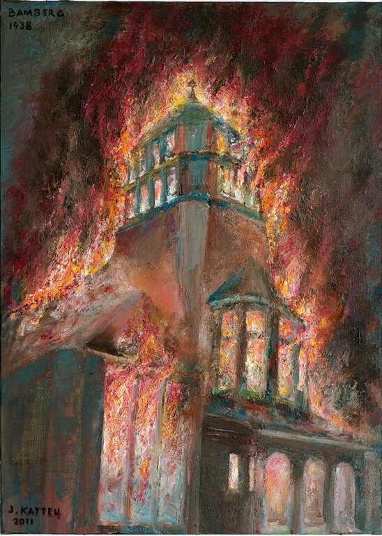 Beschreibung des Künstlers: Die [Bamberger] Synagoge in der Kristalnacht - die ich als zehnjähriger Junge miterlebt habe (Die Synagoge meines Vaters brennt in Flammen – er war der Rabbi).